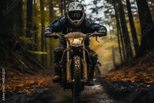 Forest Trail - A Dynamic Action Shot From Behind Of A Motorcycle Rider Navigating Through A Dense Forest Trail. Generative AI