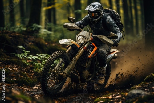 Forest Trail - A Dynamic Action Shot From Behind Of A Motorcycle Rider Navigating Through A Dense Forest Trail. Generative AI © Mustafa