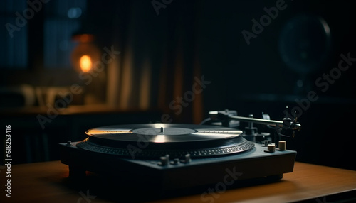 Old fashioned gramophone spinning on wooden turntable generated by AI