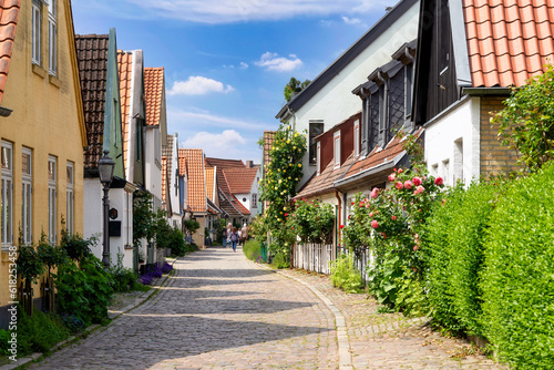 Historic houses in Holm fisher village of the town Schleswig in Schleswig-Holstein, Germany