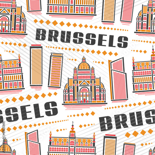 Vector Brussels Seamless Pattern, repeat background with illustration of famous brussels city scape on white background for wrapping paper, decorative line art urban poster with black text brussels