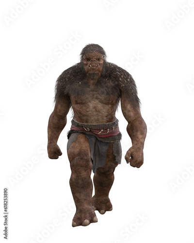 Fairy tale Troll monster walking towards viewer with clenched fists. Isolated 3D illustration.