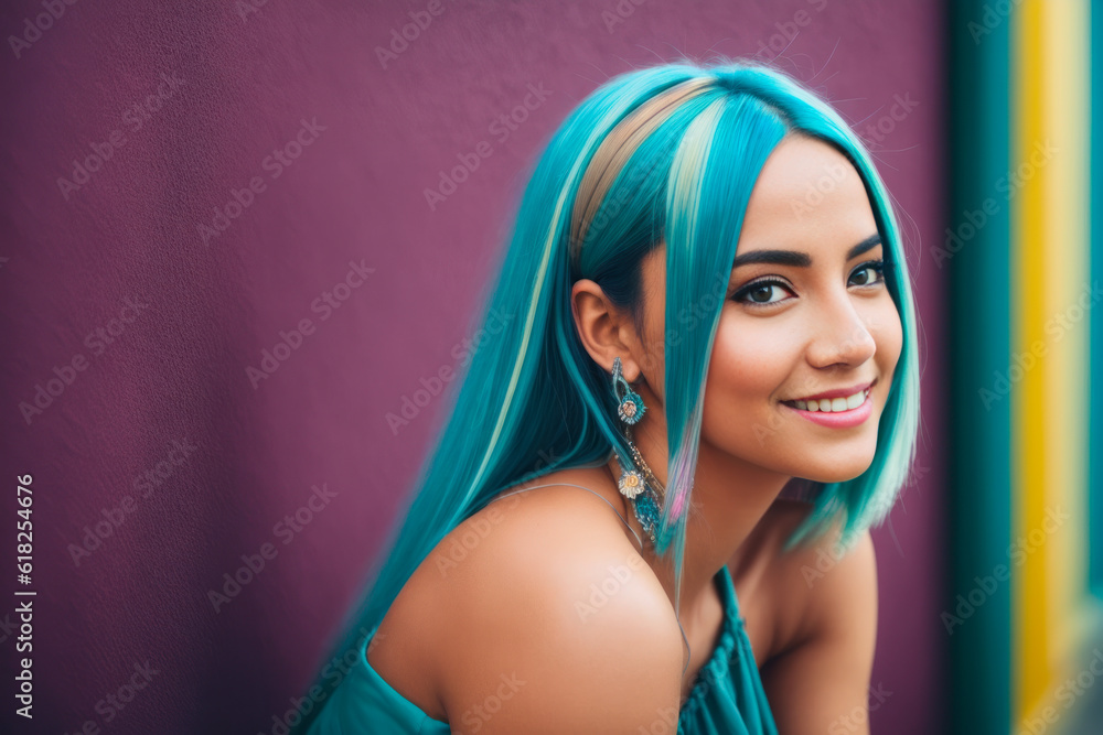 Digital photo of  Beautiful teenager with turquoise dyed hair. Back to School concept. Generative AI