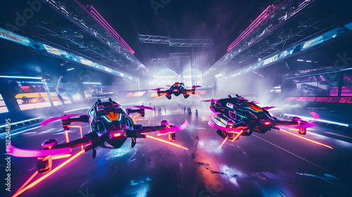 drone racing event, depicting drones darting through a neon-lit track against the night sky photo