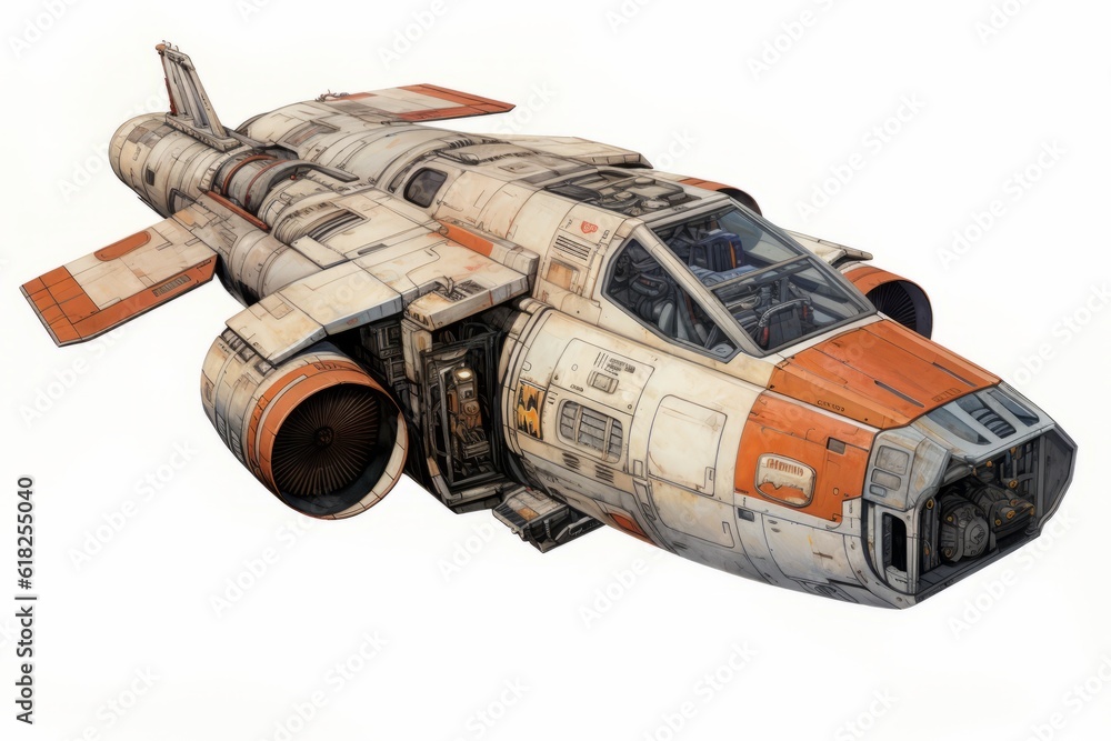 A battle space ship that has grey and dark blue colors, assets view from top for an arcade game, filled with missiles, isolated on white background color, hard edges anime looking. A battle space ship that has grey and dark blue colors, assets view from top for an arcade game, filled with missiles, isolated on white background color, hard edges anime looking.