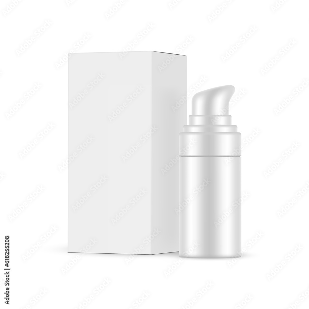 Small Airless Pump Bottle Mockup With Paper Packaging Box, Isolated on White Background. Vector Illustration Small Airless Pump Bottle Mockup With Paper Packaging Box, Isolated on White Background. Vector Illustration
