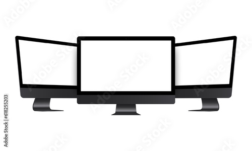 Computer Monitor, Black Mockup, Front and Side View, Isolated on White Background. Vector Illustration
