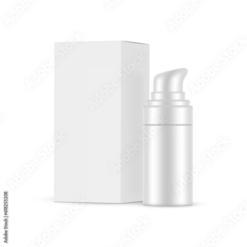 Small Airless Pump Bottle Mockup With Paper Packaging Box, Isolated on White Background. Vector Illustration