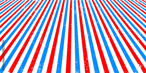 Bright barbershop one point perspective background with blue and red stripes on white. Striped vector wallpaper. Barber shop backdrop for man haircut and shave salon