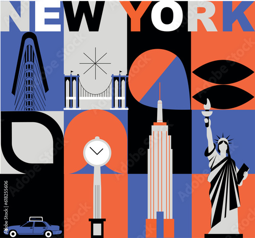 New York culture travel set, famous architectures and specialties in flat design. Business US tourism concept clipart. Image for presentation, banner, website, advert, flyer, roadmap, icons