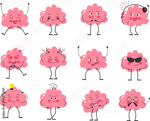Cartoon brain emoji, emotion brainy vector set. Brainstorming set character in different emotions