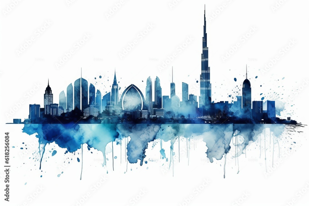 Dubai skyline in blue, Burj Khalifa,  A Captivating Watercolor-style Blue Silhouette of Dubai's Iconic Skyline, against a White Background