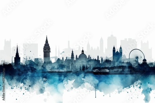 london city skyline, A Captivating Watercolor-style Blue Silhouette of London's Iconic Skyline, Set against a White Background, Uniting Bavarian Artistry with London's Vibrant Charm