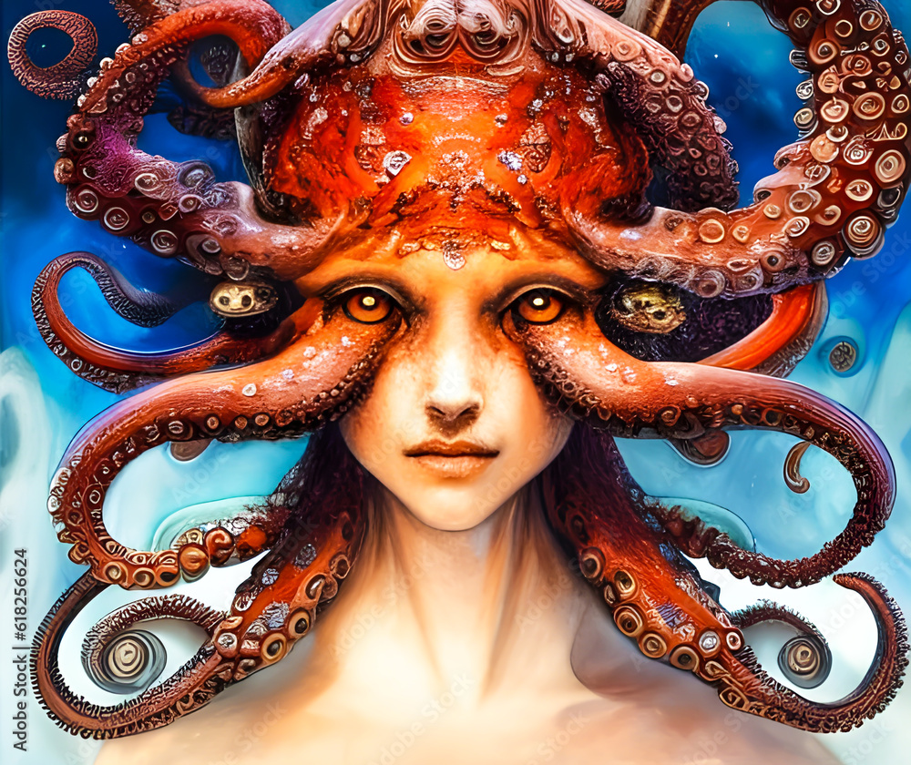Illustration of octopus woman with vibrant red hair created by AI Generator