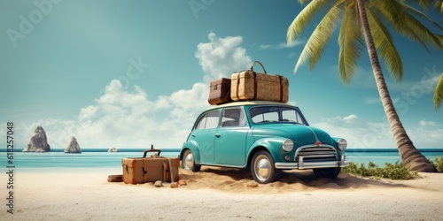Vintage blue car with vacation suitcases parked on sandy tropical paradise beach, Generative AI