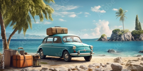 Vintage blue car with vacation suitcases parked on sandy tropical paradise beach, Generative AI