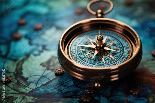 Antique compass close up on top of map, Generative AI 