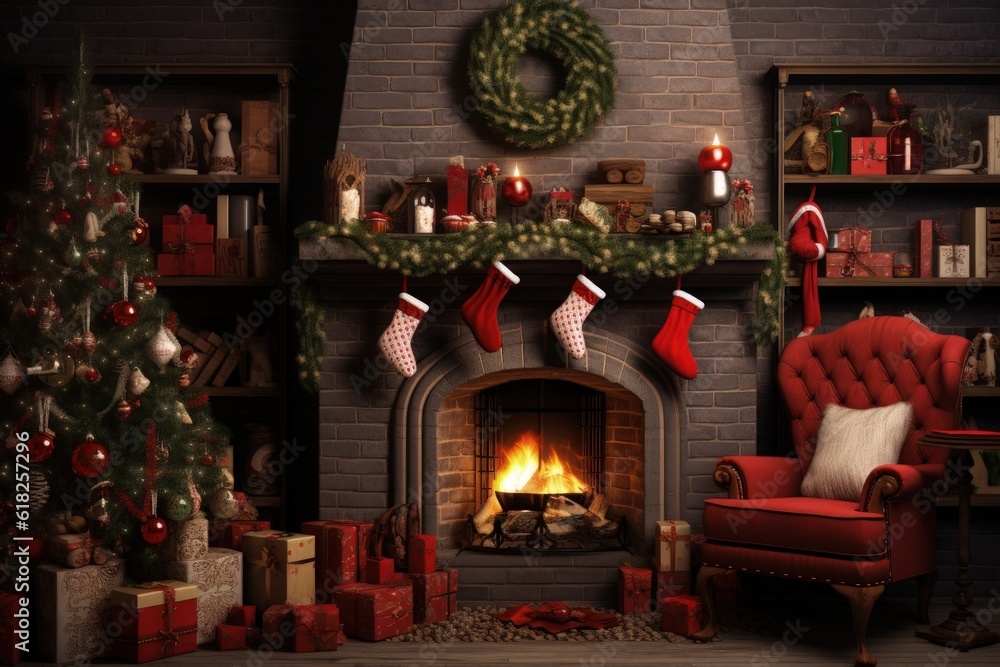 Living room with Christmas decor and ornaments, with fireplace, stockings, armchair, Christmas tree and gifts, Background with classic interior with christmas decoration, Generative AI