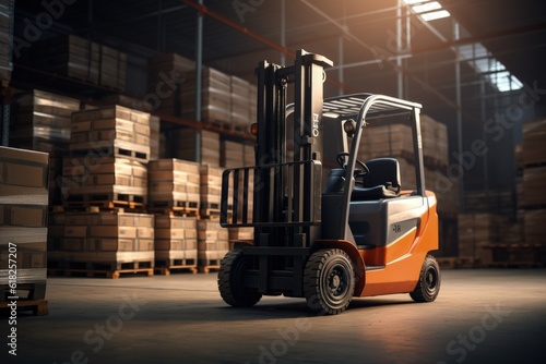 Forklift inside warehouse with shelves and boxes, distribution center, Generative AI © Kaleb