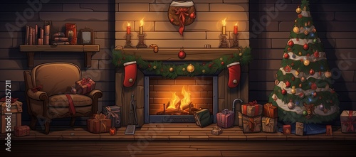 Illustration of old living room with Christmas decor  with fireplace  Christmas tree and gifts  Generative AI