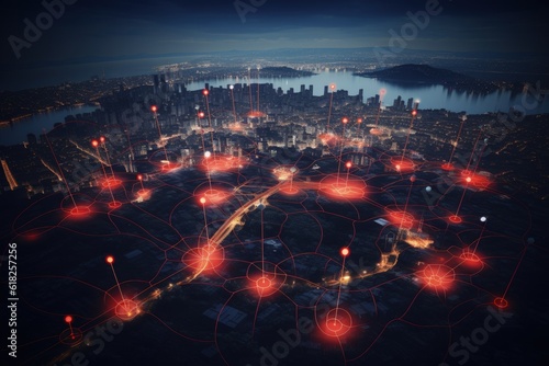 City aerial view showing the connection between network lines, global network concept, Generative AI