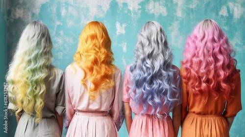 Backview girls with multicolor hair. Generative AI