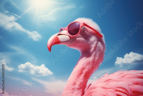 Pink flamingo wearing sunglasses outdoors with blue sky, Generative AI
