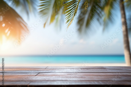 Beach background with wooden table  sea and palm trees  summer background in bokeh style  Generative AI
