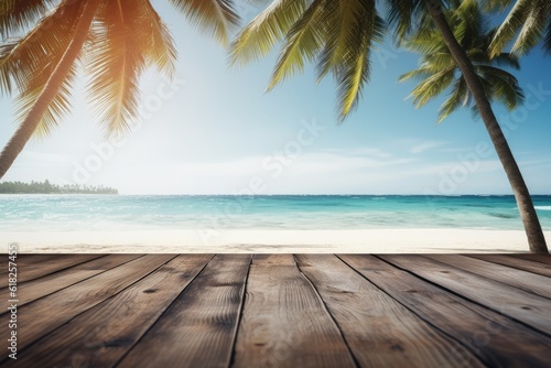 Beach background with wooden table, sea and palm trees, summer background in bokeh style, Generative AI