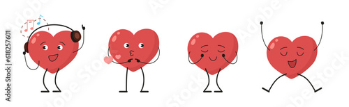 Cheerful cartoon heart characters vector set. Feeling harmony, character, animation concept. Love with different emotions. Happy Valentine s Day collection.