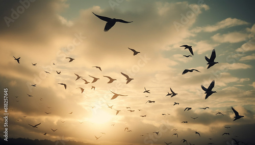 Silhouette of seagulls in mid air at dusk generated by AI © Gstudio