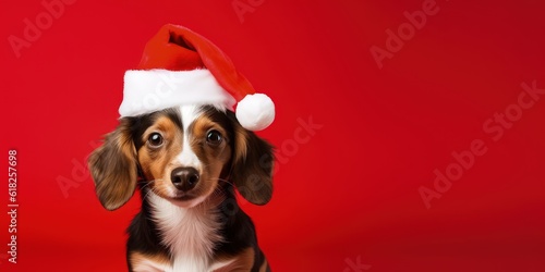 Dog with santa claus hat isolated on red background, little dog with red hat, Generative AI © Kaleb