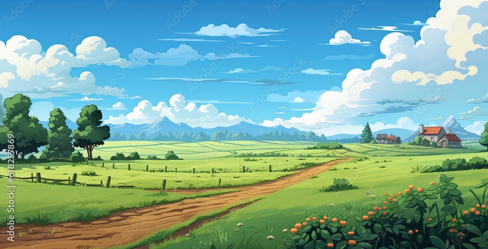 Farm land illustration in cartoon style, illustration of dirt road and grass in the countryside, Generative AI

