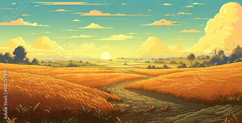 Farm land illustration in cartoon style, illustration of dirt road and grass in the countryside, Generative AI 
