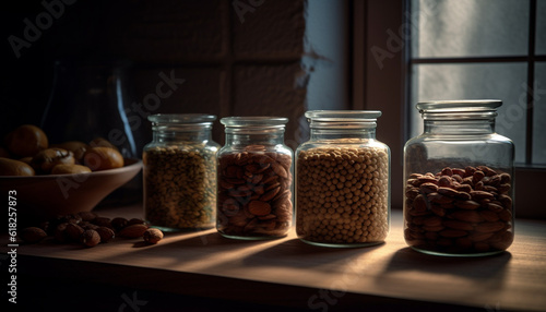 Organic coffee beans in rustic glass jar generated by AI