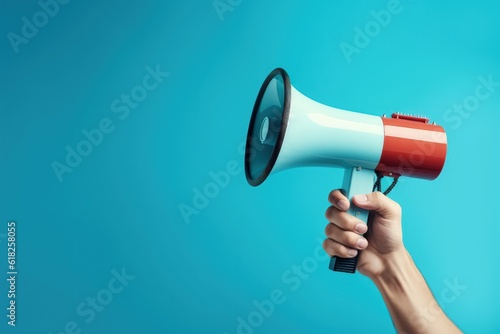 Hand with blue megaphone isolated on blue background, Generative AI	