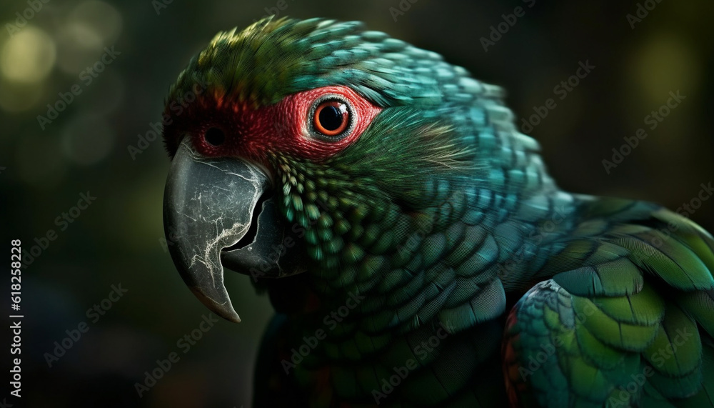 Vibrant scarlet macaw perched on forest branch generated by AI