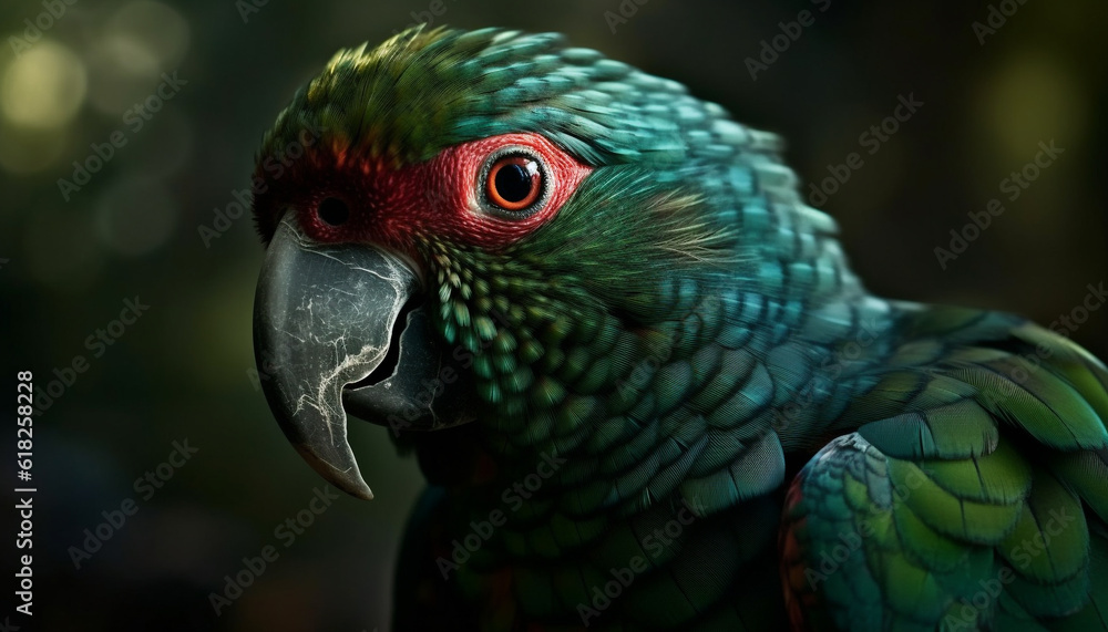Vibrant scarlet macaw perched on forest branch generated by AI Vibrant scarlet macaw perched on forest branch generated by AI