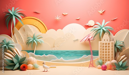 Beach background in paper cutout style with pastel colors  Minimalist seaside scene  Generative AI  