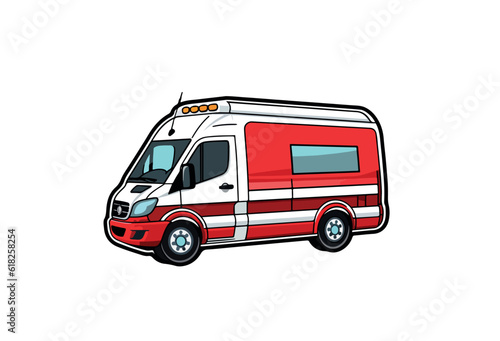 Vector illustration of a sticker with an image of an ambulance car on a white background