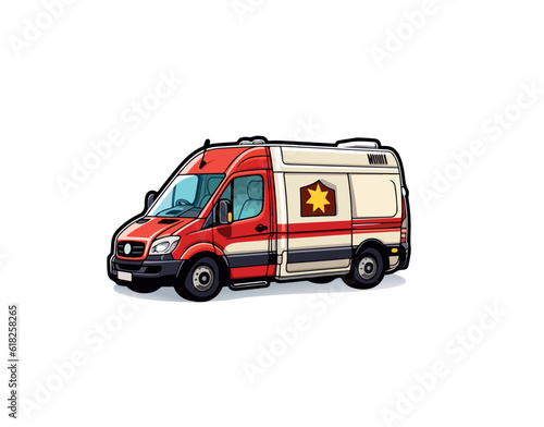 Vector illustration of a sticker with an image of an ambulance car on a white background 