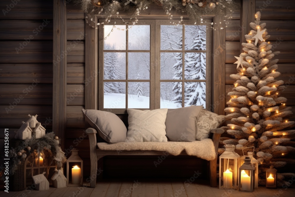 Obraz premium Living room in a wooden house with Christmas decor in white tones, with a sofa, trees and lamps, Generative AI
