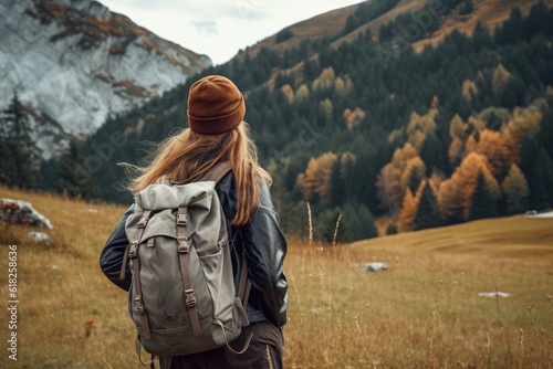 Girl with backpack walking on mountain trail, Generative AI  © Kaleb