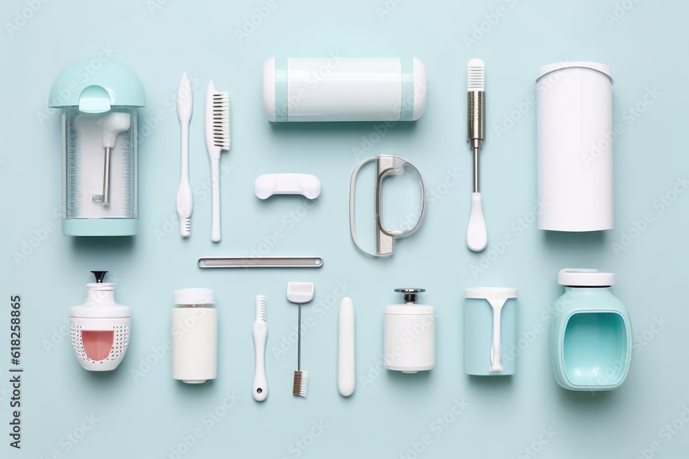 Fototapeta premium dentist equipment flat lay AI Generated