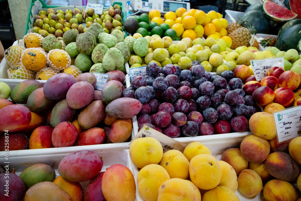 Assortment of fresh fruits and vegetables in market