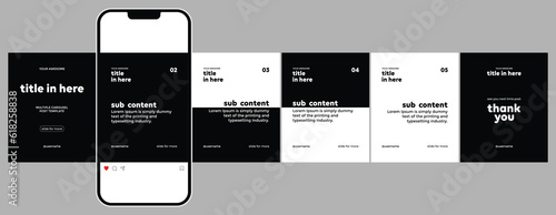 Microblog or carousel post template design for social media. Six page in portrait frame, modern simple minimalist style with black and white color theme.