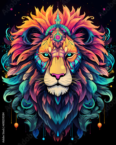 Illustration of a colorful lion  artistic ornemental design in pop colors - Inspiring animals theme