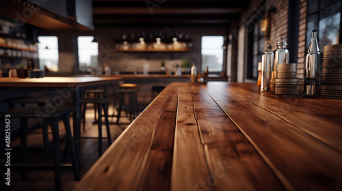 Empty Wooden Table Surface, blur kitchen interior background. Ideal for Product Placement as a Backdrop. Ai generative. © Unique Creations