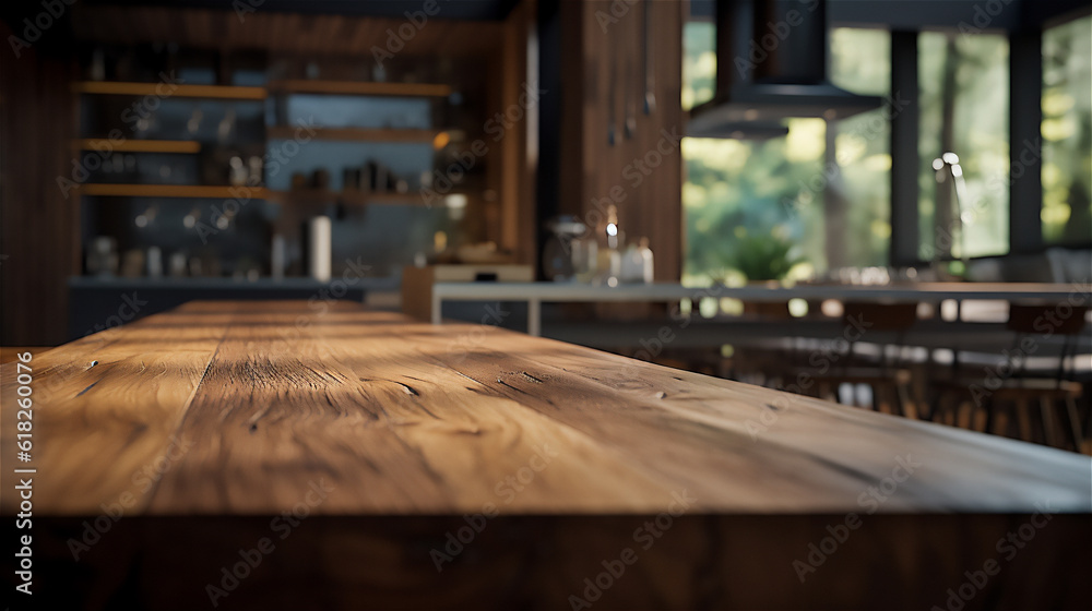 Empty Wooden Table Surface, blur kitchen interior background. Ideal for Product Placement as a Backdrop. Ai generative. Empty Wooden Table Surface, blur kitchen interior background. Ideal for Product Placement as a Backdrop. Ai generative.