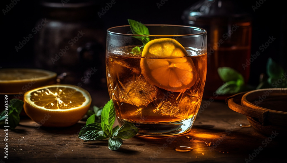 Fresh citrus cocktail on rustic wooden table generated by AI Fresh citrus cocktail on rustic wooden table generated by AI
